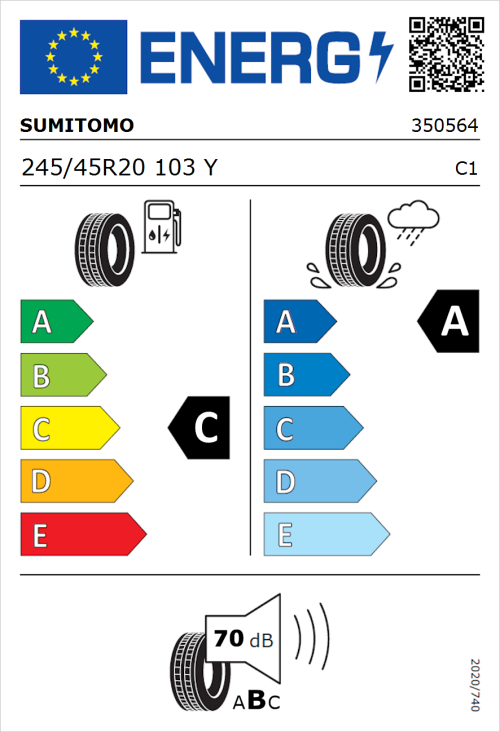 Tyre Label for Sumitomo HTR Z5 245/45R20 103Y
