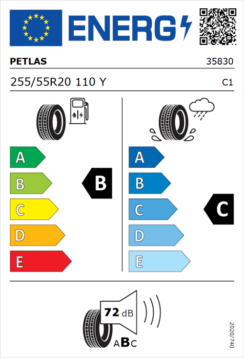 Tyre Label for Petlas Explero PT431 H/T 255/55R20 110Y