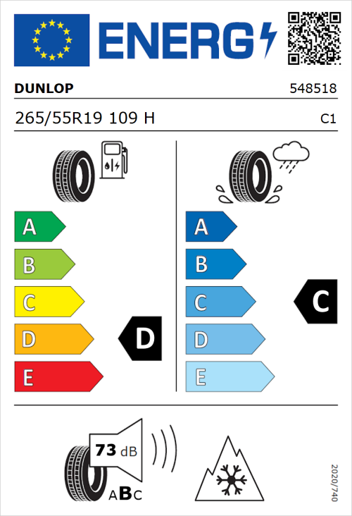 Tyre Label for Dunlop Grandtrek WT M3 265/55R19 109H