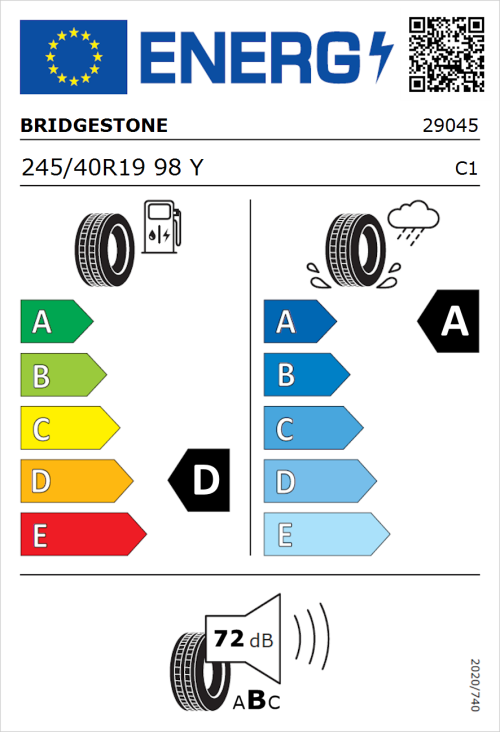 Tyre Label for Bridgestone Potenza Sport Evo 245/40R19 98Y